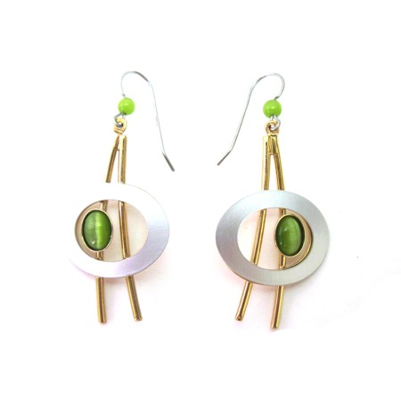 Two tone Shiny Gold and Green Swoosh - with Silver Oval Earrings - Click Image to Close
